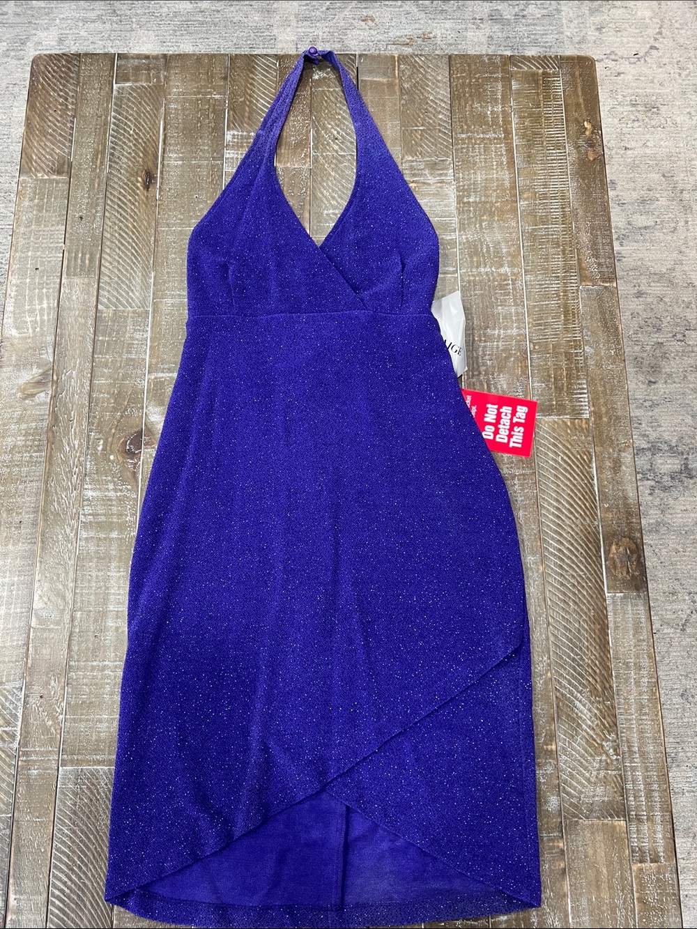 Alyn Paige Halter V-Neck Sparkle High-Low Dress in Purple